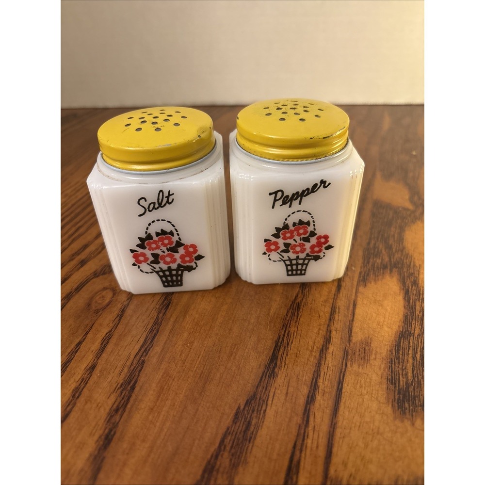 Vtg McKee Tipp Milk Glass Flower Basket Design Shakers Salt & Pepper Yellow Lids
